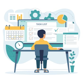 Person working on a task list on a computer, surrounded by organizational tools. vector