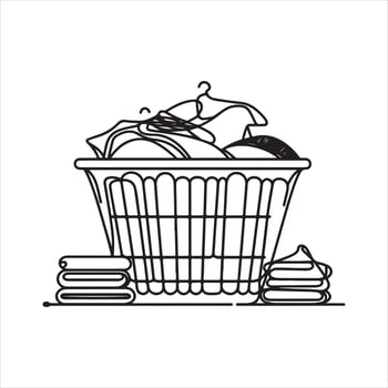 An illustration of a laundry basket ontinuous line drawing with black lines silhouette white background vector