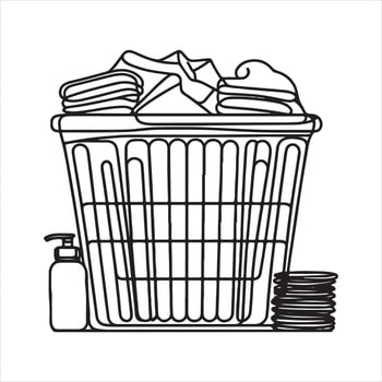 An illustration of a laundry basket ontinuous line drawing with black lines black silhouette on white background vector