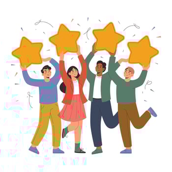 Happy diverse group holding up star-shaped positive feedback. vector