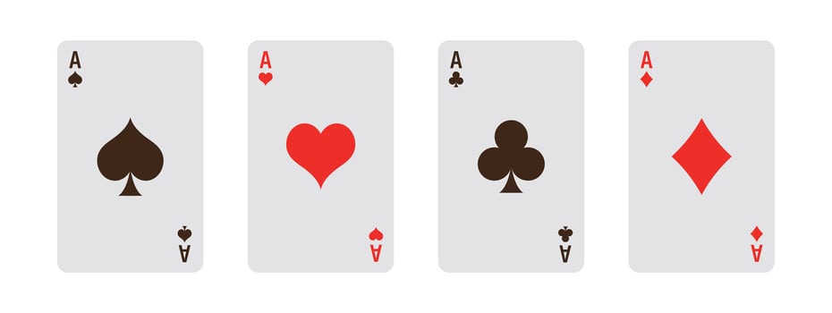 Card suits. All types of playing, poker cards on white background. Vegas casino red and white poker cards in row. Gambling addiction, risky money, lucky game. vector