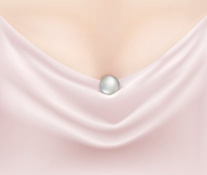 Beautiful big pearl over pleates of gentle pink silk textile background in the neckline. 3d illustration vector