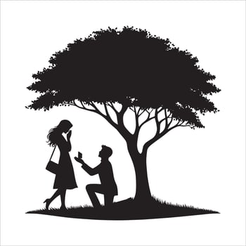 Silhouette of a man proposing to a woman under a tree vector