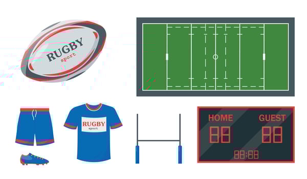 Rugby equipment set. Ball, gate, clothing, scoreboard and court for playing rugby. Elements and accessories for sport match. vector