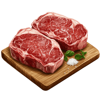 Two seasoned ribeye steaks rest on a wooden board png