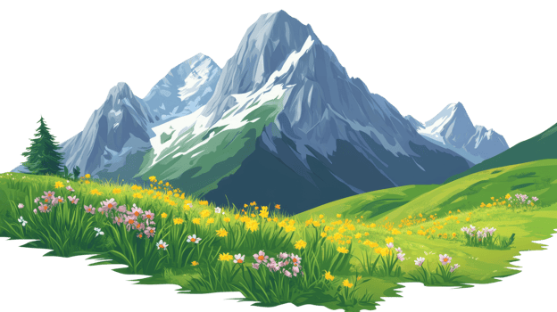 Majestic Mountains and Blooming Meadow Landscape png