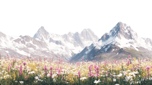 Majestic snow capped mountains and a vibrant wildflower meadow png