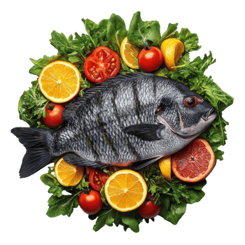 Fresh Fish Surrounded By Colorful Citrus And Vegetables png