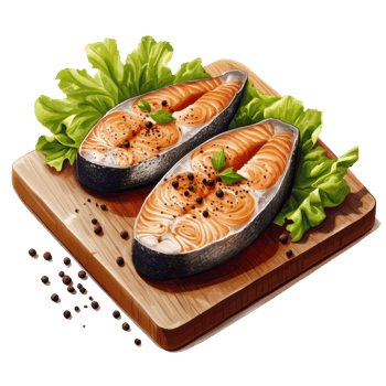Two Seared Salmon Steaks On Wooden Board With Lettuce png