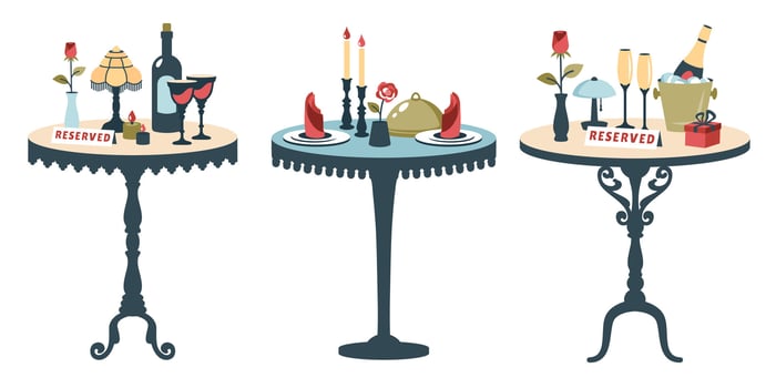 Set of reserved tables isolated on white background. Romantic dinner. Vintage tables with tableware. Festive table setting. Valentine template for holiday, party, dinner event. Table for two. vector