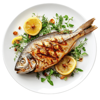 Grilled fish served with lemon and herbs on a plate png