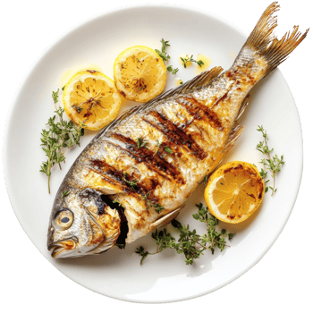 Grilled fish served with lemon and thyme png