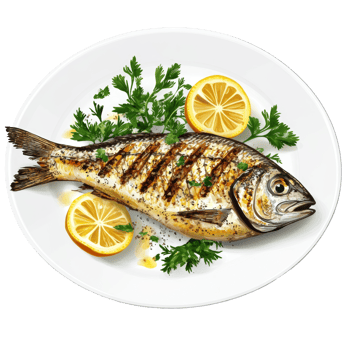 Grilled Fish Served with Lemon and Parsley Garnish png