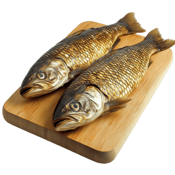 Two Smoked Fish Resting on Wooden Cutting Board png