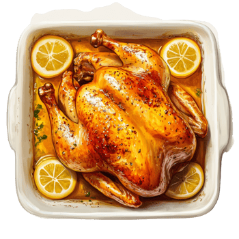 Roasted Chicken Dish with Lemon Slices in a Baking Dish png