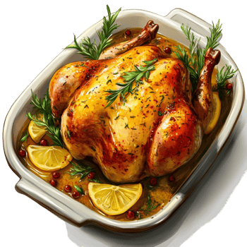 Roasted Chicken in Lemon Herb Broth Baking Dish png