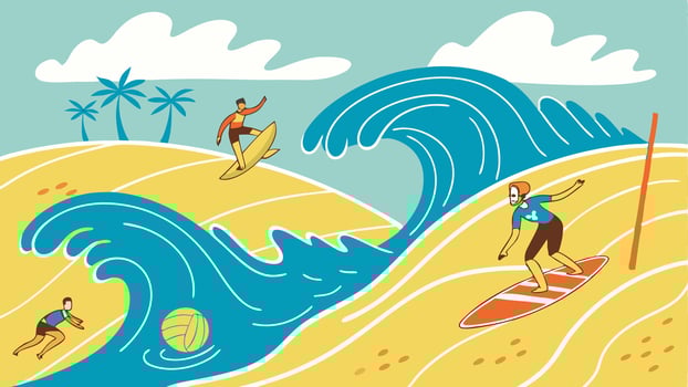 Ilustration of set people surfing on the sea vector