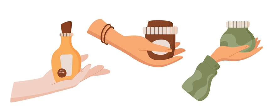 Isolated organic skincare product set, eco cleansing bodycare shampoo jar in hand, colorful minimal hair care lotion tube, flat trendy makeup cream bottle, illustration. vector
