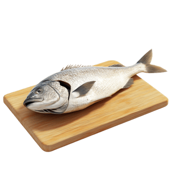 Whole gutted fish rests on wooden cutting board png