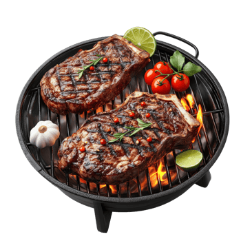 Grilled Steak On Charcoal Grill With Lime And Tomatoes png