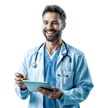 A smiling male Doctor using A Tablet and describing something png