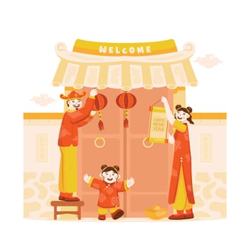 Happy family decorating house chinese gate illustration vector