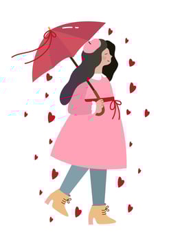 Cute girl fall in love. Valentine's Day greeting design, card or banner. Red heart rain. vector