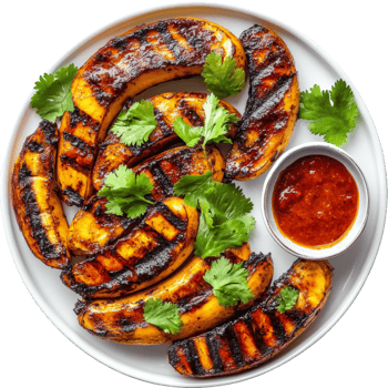 Grilled Plantains with Cilantro and Spicy Sauce. cut out png