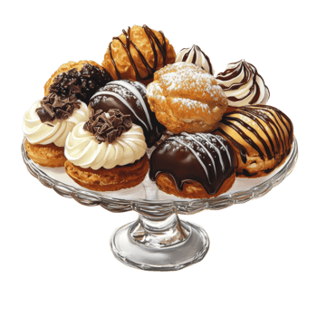 Delicious assortment of cream puffs displayed on a glass cake stand png