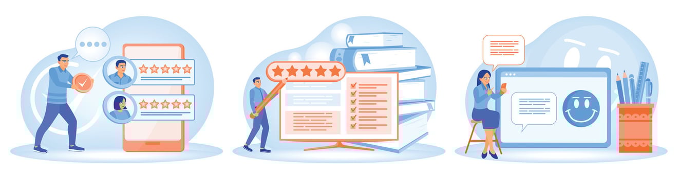 Customer review and positive feedback analysis with five stars and smile emoticon. vector
