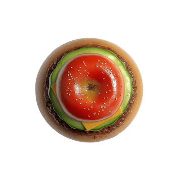 Spherical Burger Representation Featuring Tomato Cheese And Avocado png