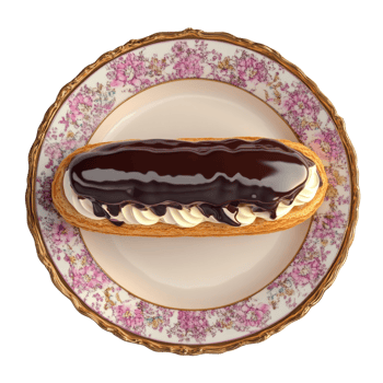 Chocolate Eclair on Ornate Decorative Plate png