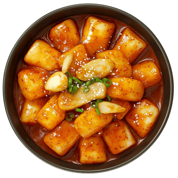 Delicious Korean Tteokbokki in a Dark Bowl png