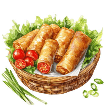 Golden Fried Spring Rolls in a Basket with Tomatoes and Greens png