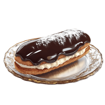 Delicious Chocolate Eclair Pastry on Glass Plate png