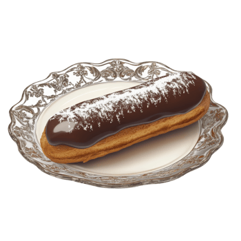 Chocolate Eclair Pastry on Ornate Silver Plate png