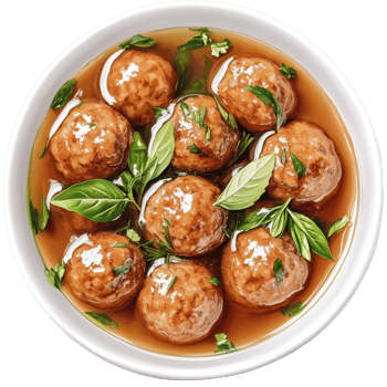 Meatballs in savory broth garnished with basil png