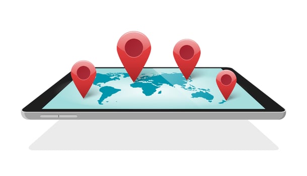 Global world map digital technology with pin pointer markers for travel or worldwide mobile logistics design 3d illustration, concept or earth network communication of electronic connection vector