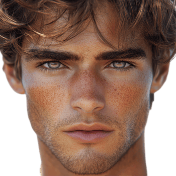 Young man with striking facial features and natural beauty poses against a plain background isolated on transparent background. png