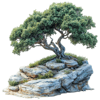 Mature tree growing on rocky outcrop surrounded by greenery in natural landscape isolated on transparent background. png
