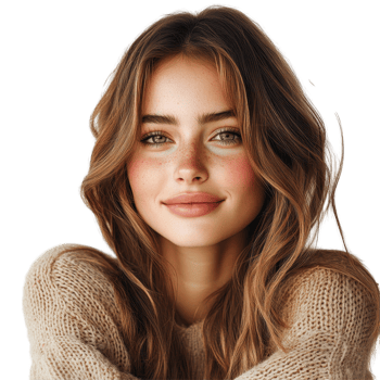 Young woman with long hair smiles while wearing a cozy sweater in a neutral setting during the day isolated on transparent background. png