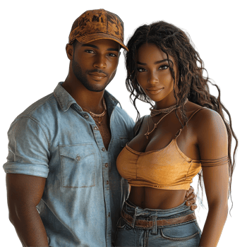 Couple poses together in casual outfits under natural light outdoors at a sunny day isolated on transparent background. png