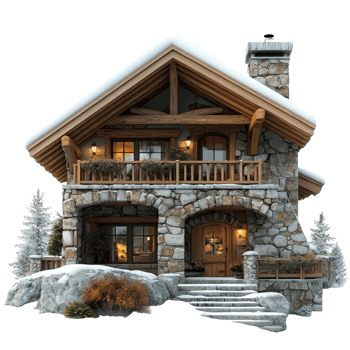 Charming winter cabin with wooden accents nestled in snow-covered landscape in a mountain setting isolated on transparent background. png
