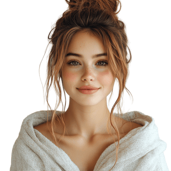 Beautiful young woman wearing a cozy wrap with natural makeup in a bright setting indoors, smiling softly at the camera isolated on transparent background. png