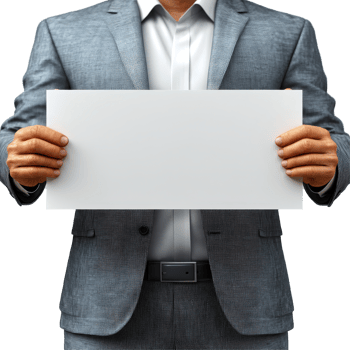 Professional man in suit holding blank sign in front of neutral background isolated on transparent background. png