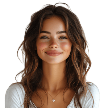 Young woman with long wavy hair smiling warmly in a light-colored top against a plain background isolated on transparent background. png