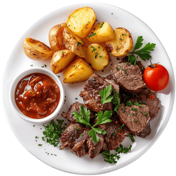 Roasted Beef Slices with Potatoes and Sauce Delicious Meal png