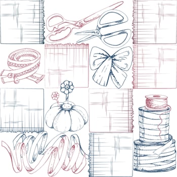 Fabric scissors pin cushion, ribbon bobbins bow, zipper, indigo red. Hand drawn ink illustration sewing craft supplies. Seamless pattern isolated white background. Atelier, tailor, hobby shop vector