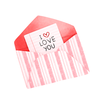 The watercolor painting of the envelope has a line pattern. The interior is red and there is a piece of paper inside. The paper says I love you. png