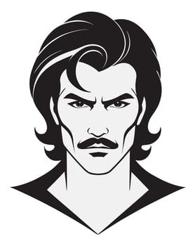 Men haircut, short shag with feathered layers. Iconic mustache the 1970s style. vector